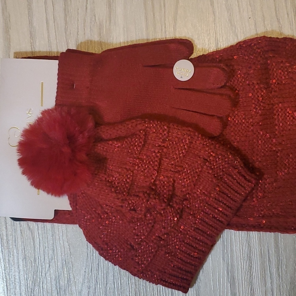 Couture Gems Burgandy Scarf, Gloves & Hat Set- OS-